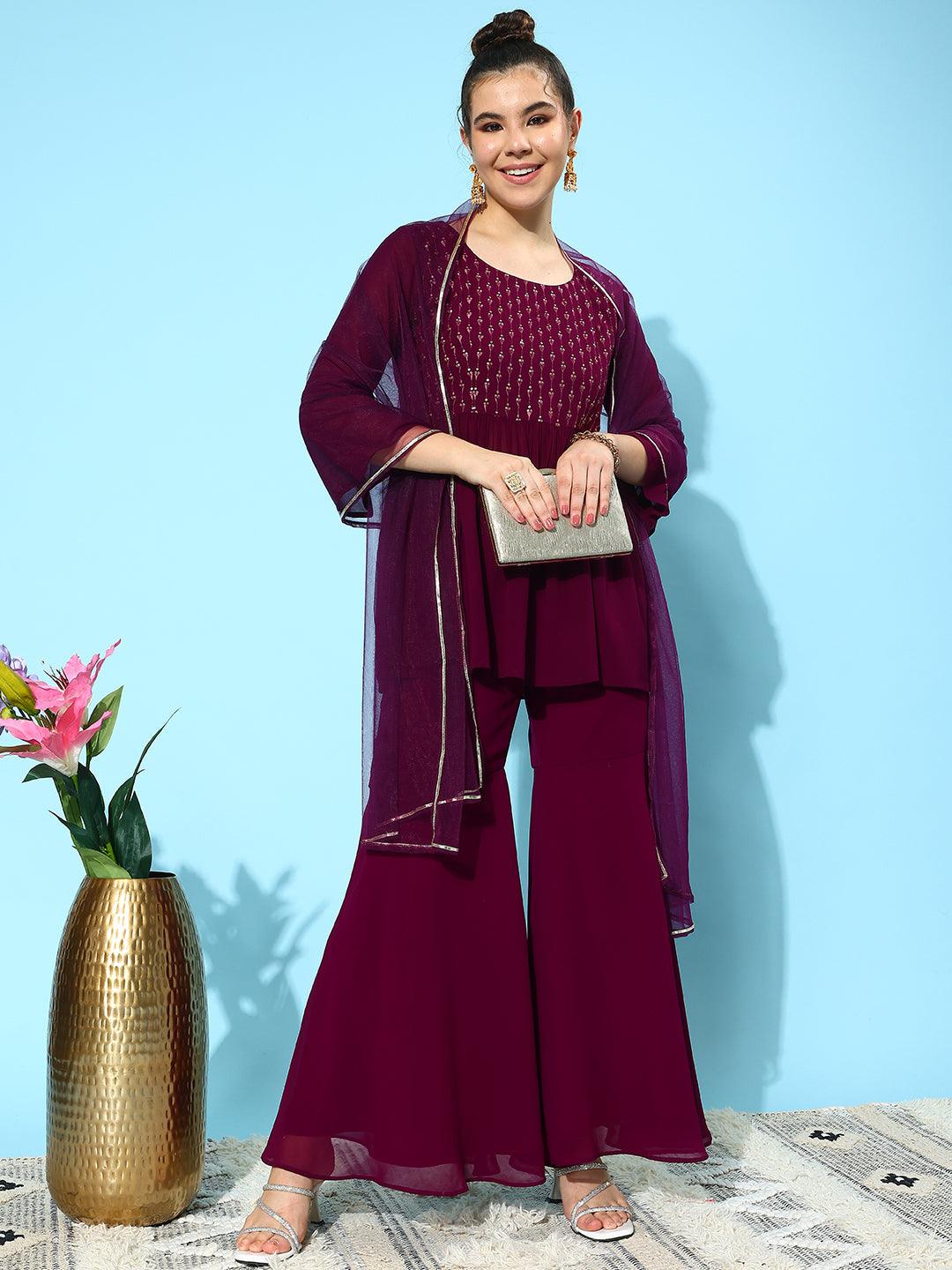 Wine Embroidered Georgette A-Line Kurti With Sharara & Dupatta - Libas