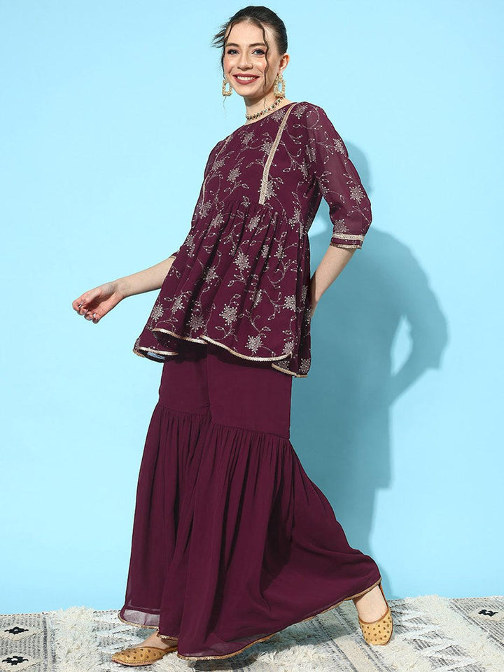 Wine Embroidered Georgette A-Line Kurti With Sharara & Dupatta - Libas