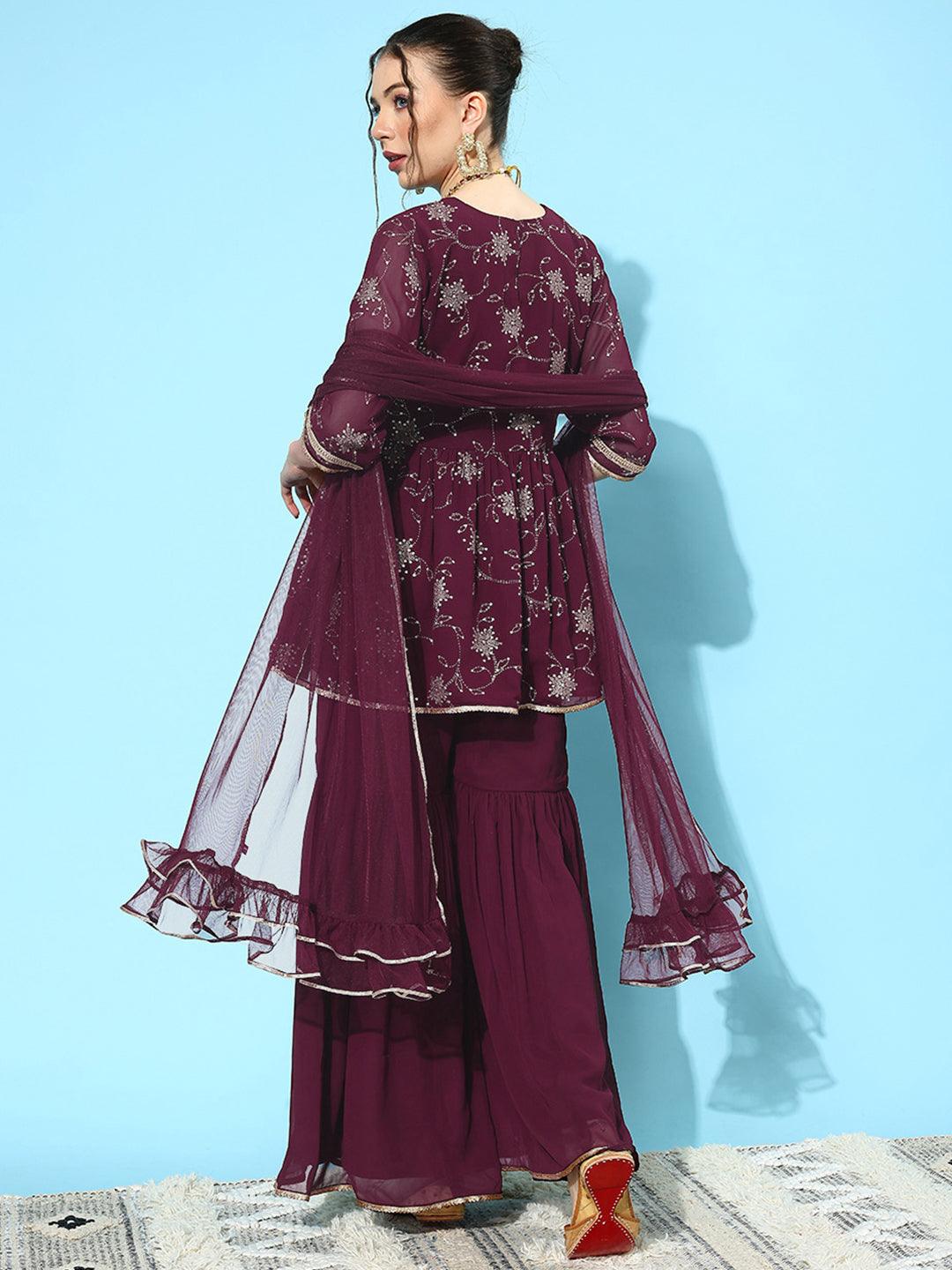 Wine Embroidered Georgette A-Line Kurti With Sharara & Dupatta - Libas