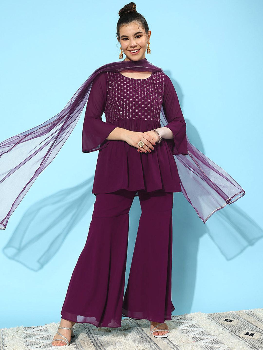 Wine Embroidered Georgette A-Line Kurti With Sharara & Dupatta - Libas 