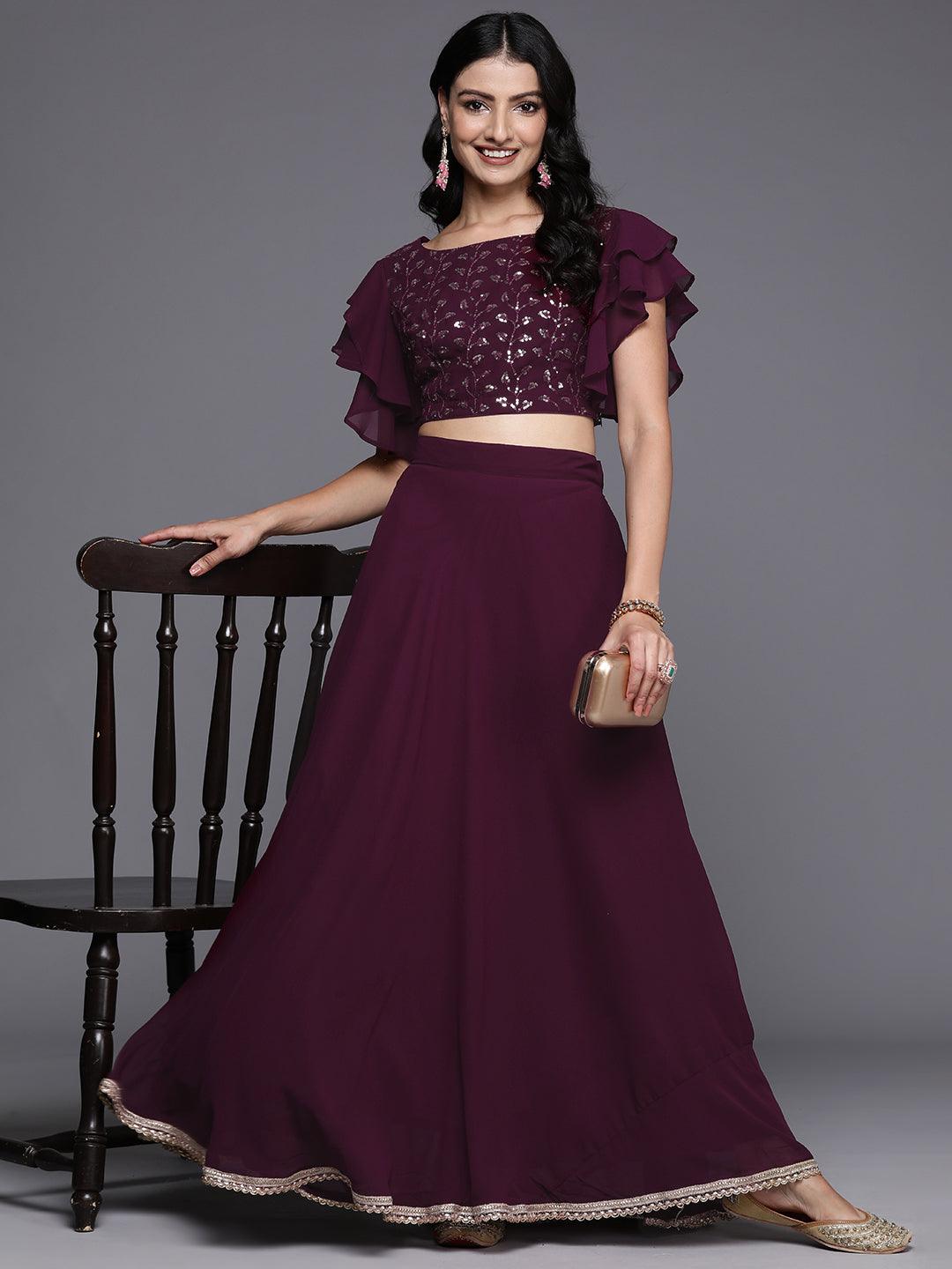 Wine Embroidered Georgette Lehenga Set - Libas