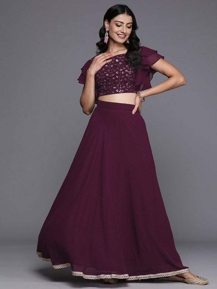 Wine Embroidered Georgette Lehenga Set - Libas