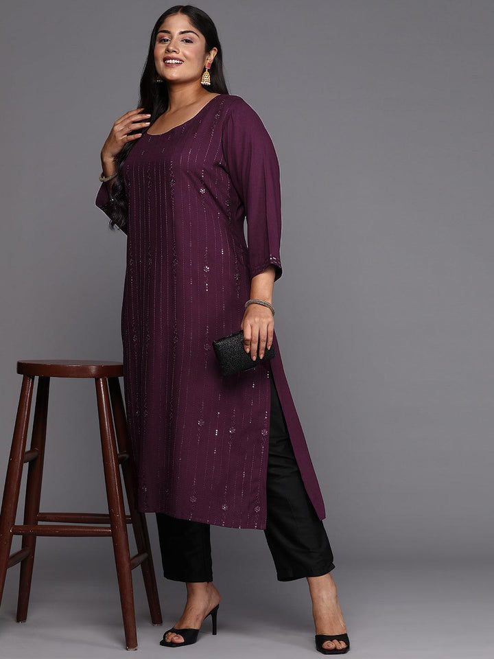 Wine Embroidered Rayon Straight Kurta - Libas