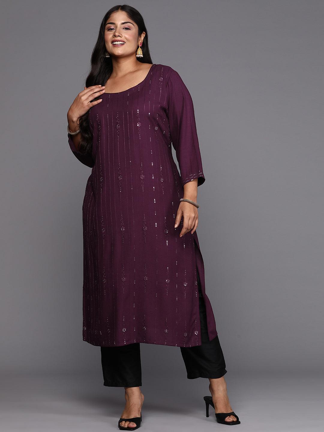 Wine Embroidered Rayon Straight Kurta - Libas