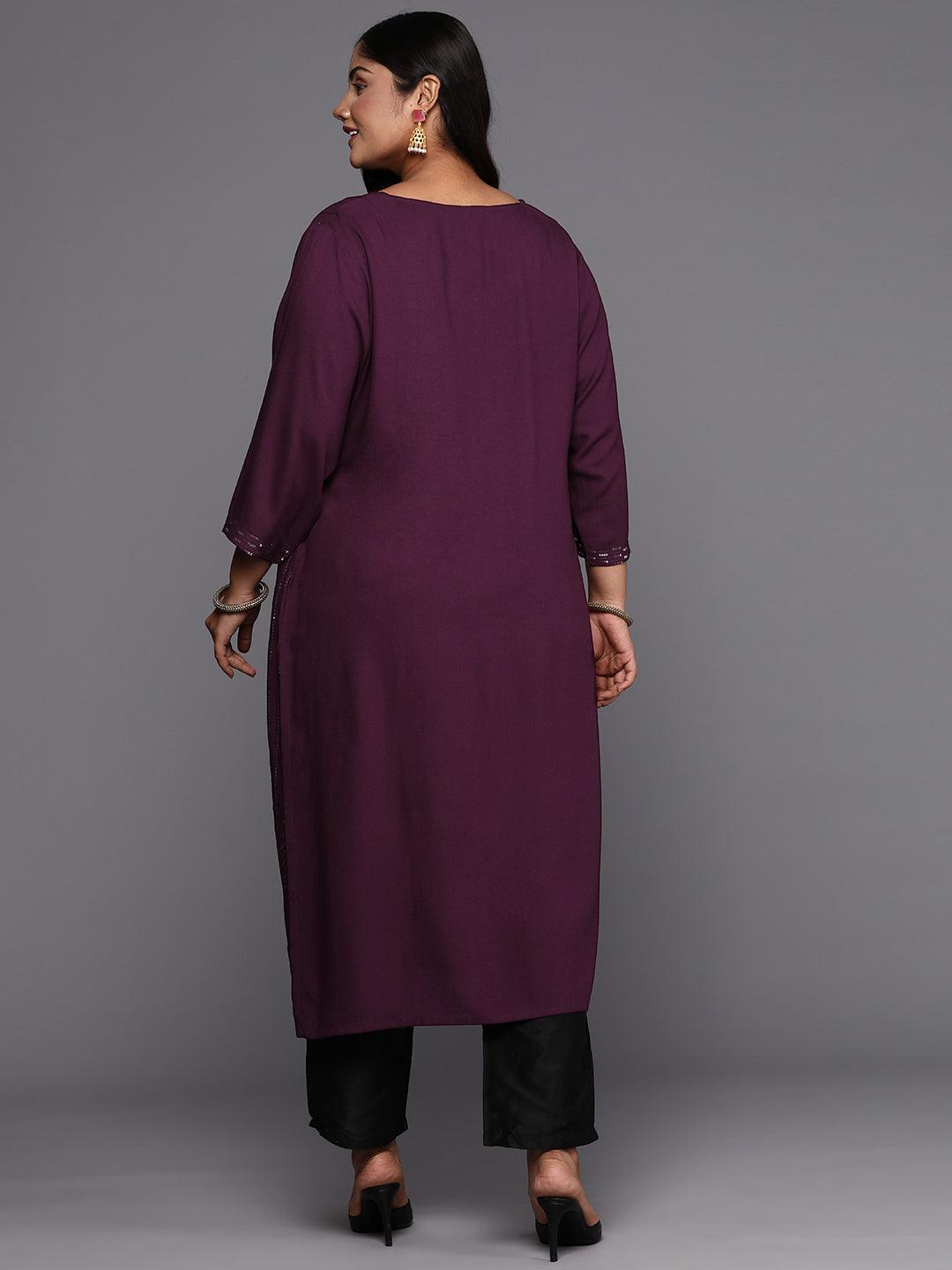 Wine Embroidered Rayon Straight Kurta - Libas