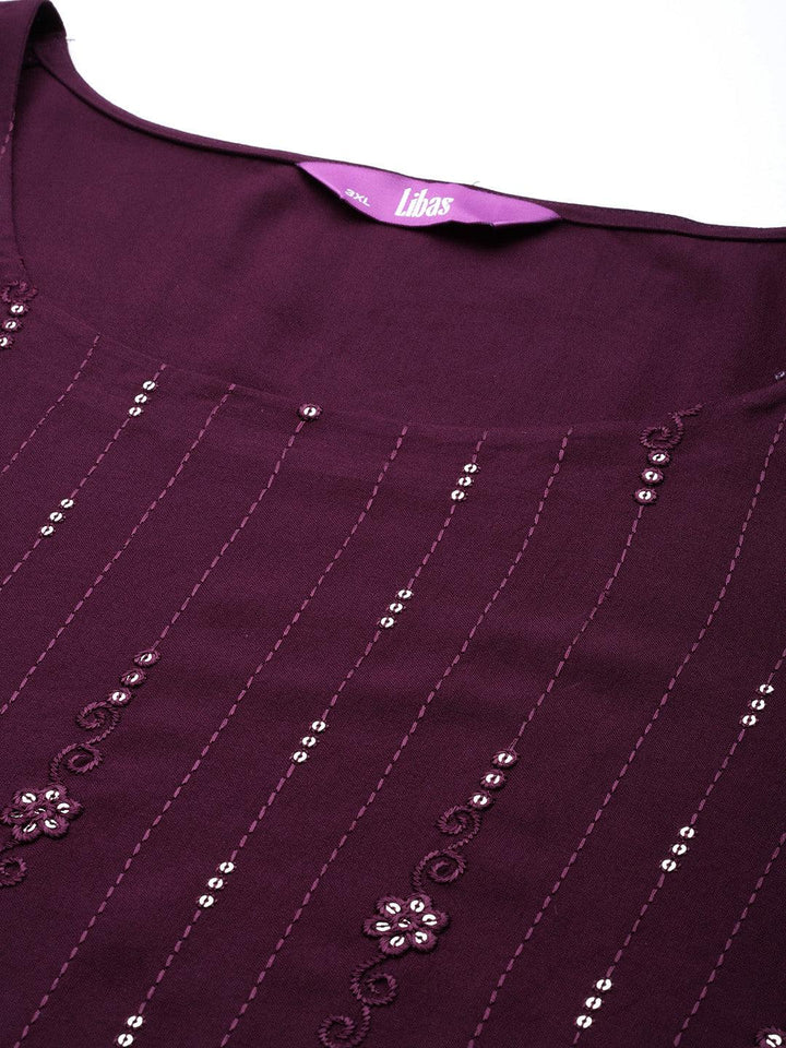 Wine Embroidered Rayon Straight Kurta - Libas