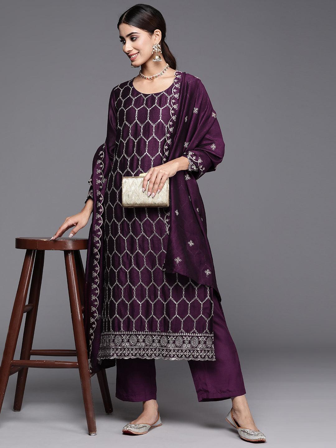 Wine Embroidered Silk Blend Straight Kurta With Trousers & Dupatta - Libas