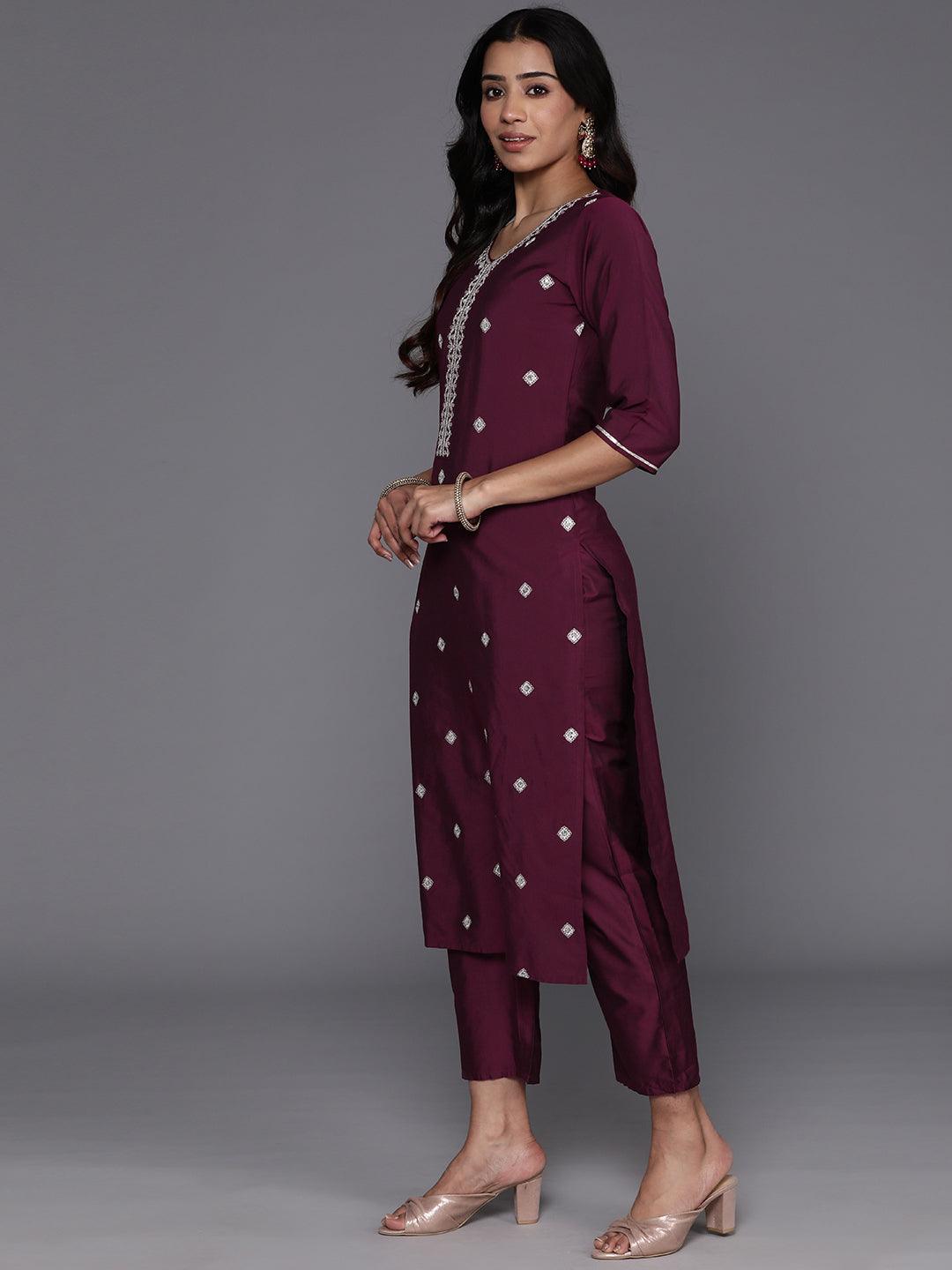 Wine Embroidered Silk Blend Straight Kurta With Trousers & Dupatta - Libas