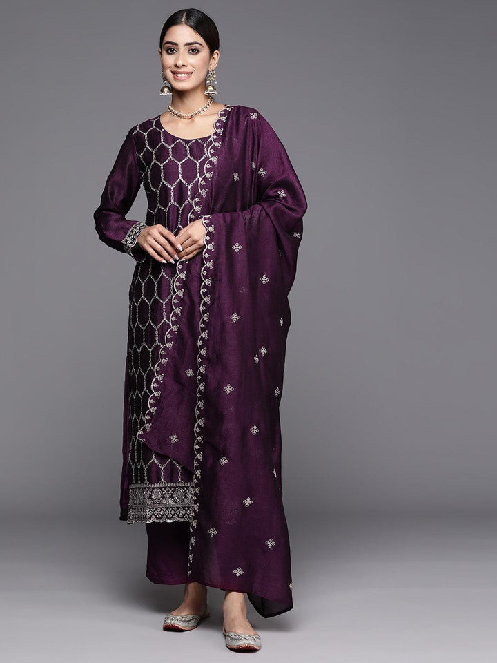 Wine Embroidered Silk Blend Straight Kurta With Trousers & Dupatta - Libas