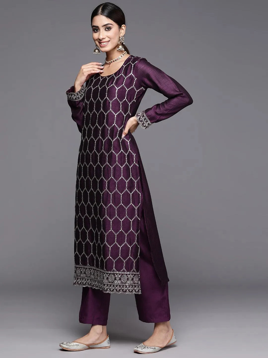 Wine Embroidered Silk Blend Straight Kurta With Trousers & Dupatta - Libas