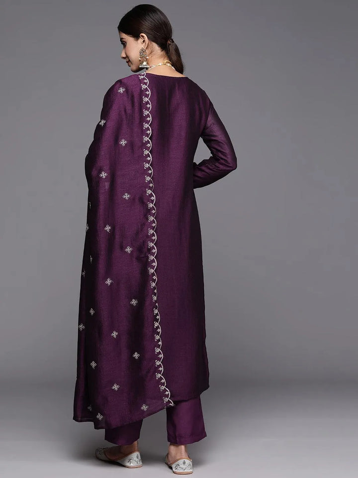 Wine Embroidered Silk Blend Straight Kurta With Trousers & Dupatta - Libas