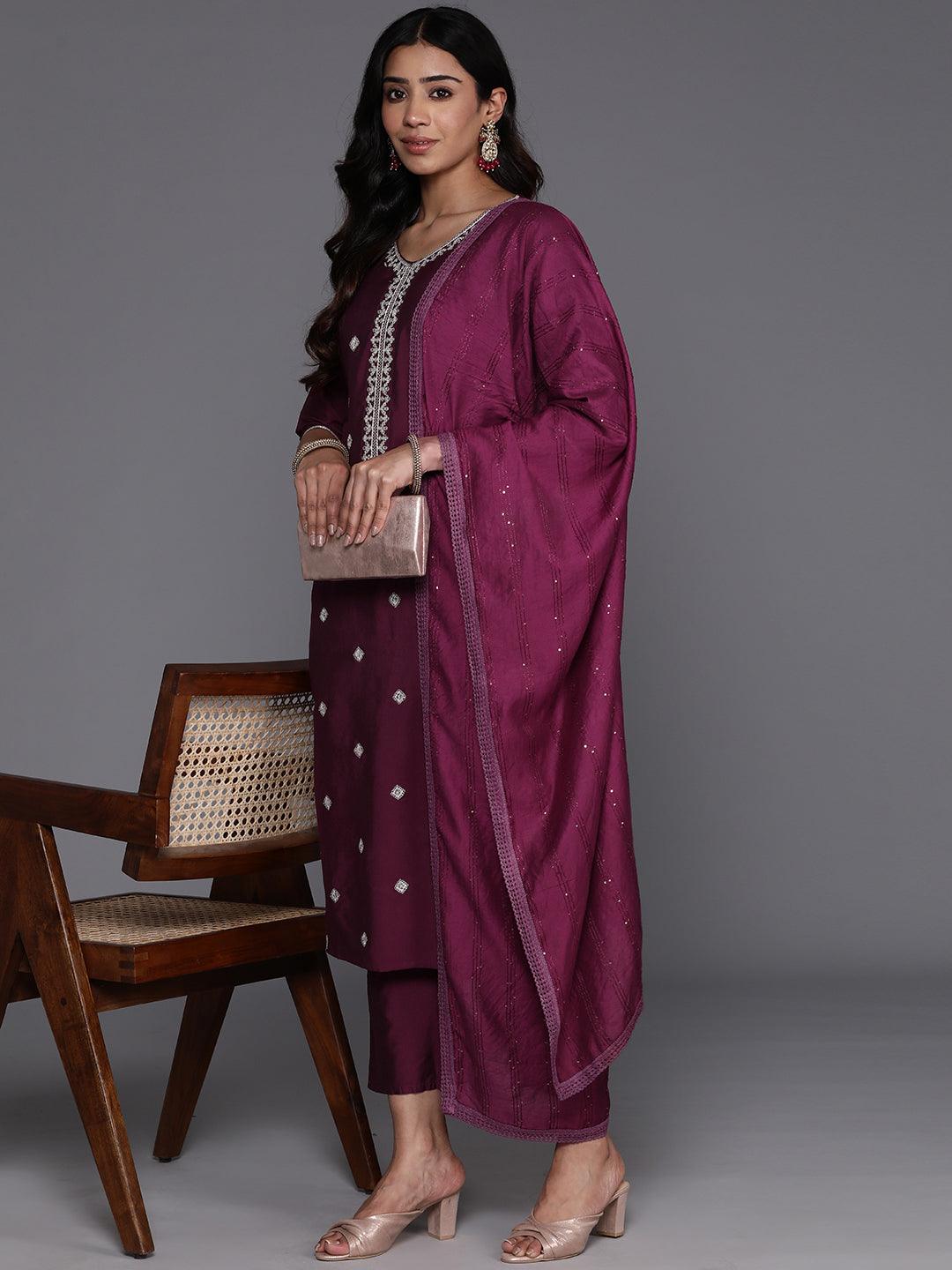 Wine Embroidered Silk Blend Straight Kurta With Trousers & Dupatta - Libas 