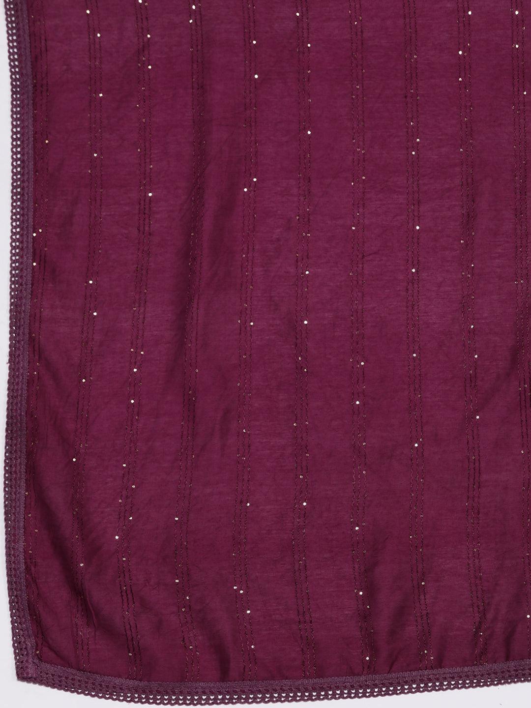 Wine Embroidered Silk Blend Straight Kurta With Trousers & Dupatta - Libas 