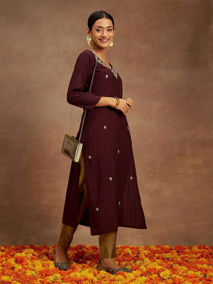 Wine Embroidered Silk Straight Kurta - Libas