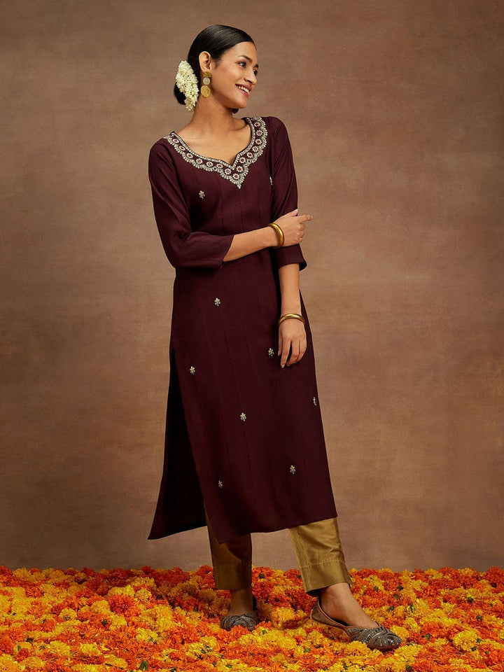 Wine Embroidered Silk Straight Kurta - Libas