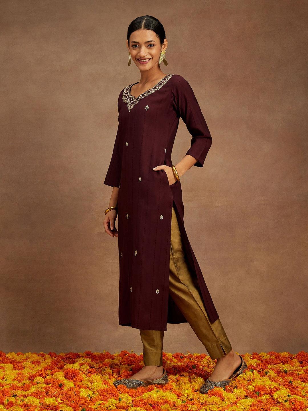 Wine Embroidered Silk Straight Kurta - Libas