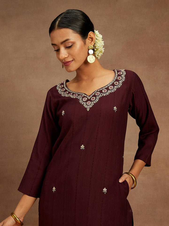 Wine Embroidered Silk Straight Kurta - Libas