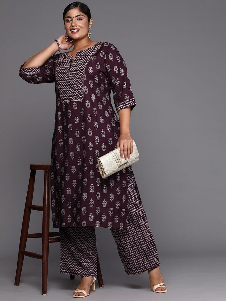 Wine Printed Silk Blend Straight Kurta With Trousers & Dupatta - Libas