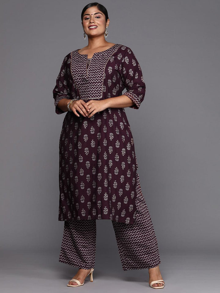 Wine Printed Silk Blend Straight Kurta With Trousers & Dupatta - Libas