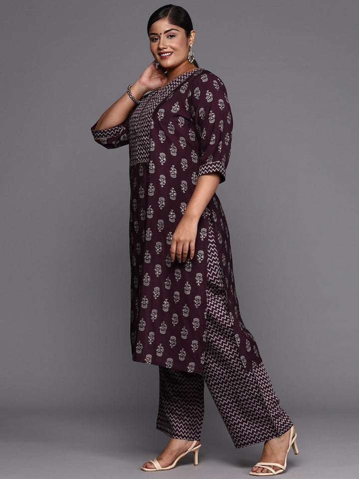 Wine Printed Silk Blend Straight Kurta With Trousers & Dupatta - Libas