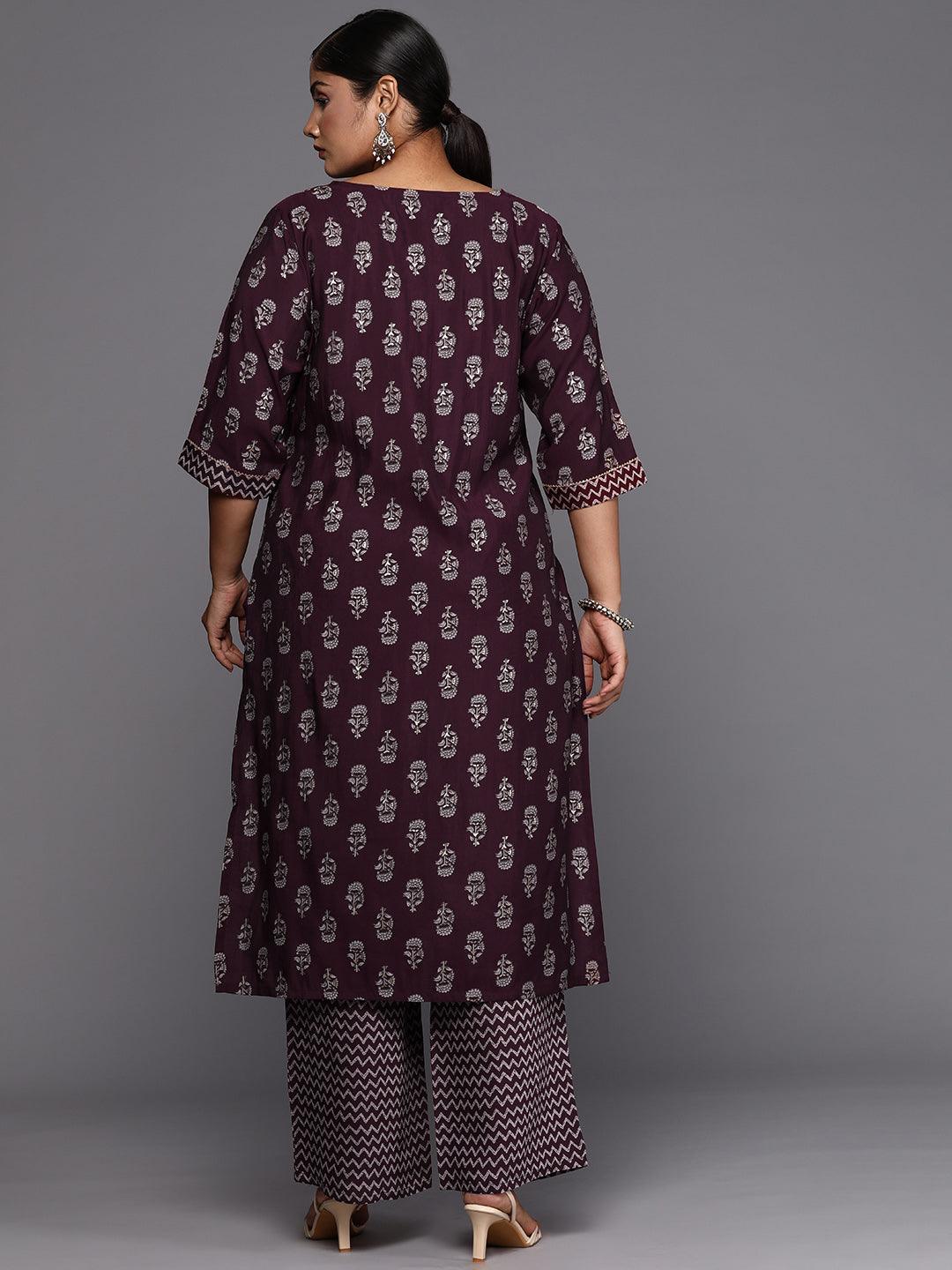 Wine Printed Silk Blend Straight Kurta With Trousers & Dupatta - Libas