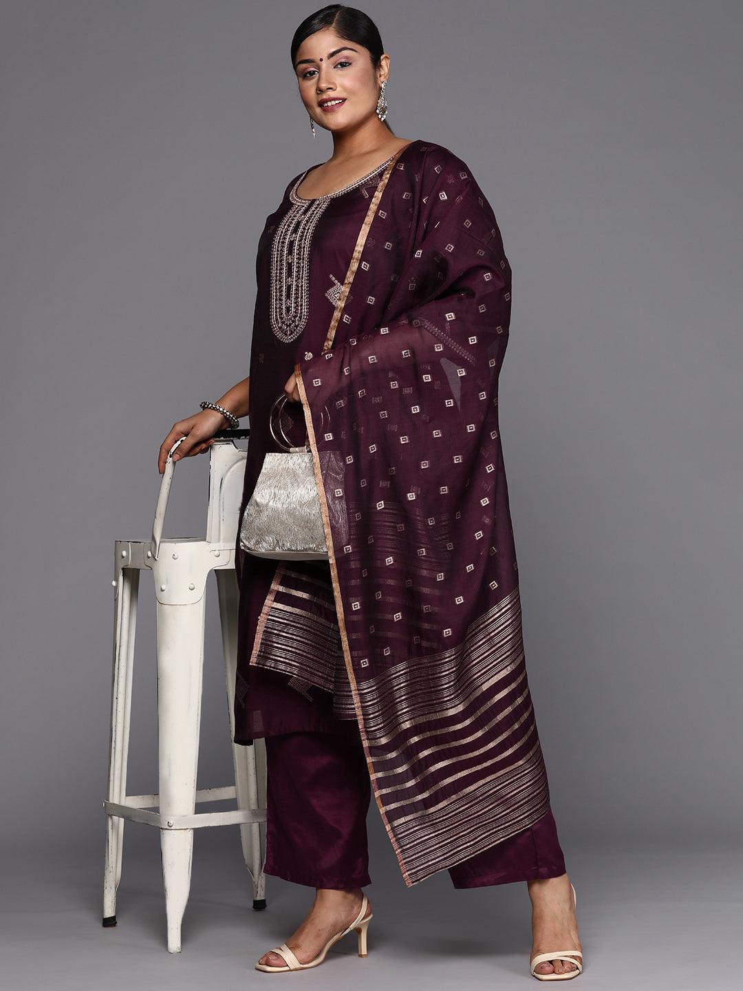 Wine Woven Design Chanderi Silk Straight Kurta With Trousers & Dupatta - Libas 