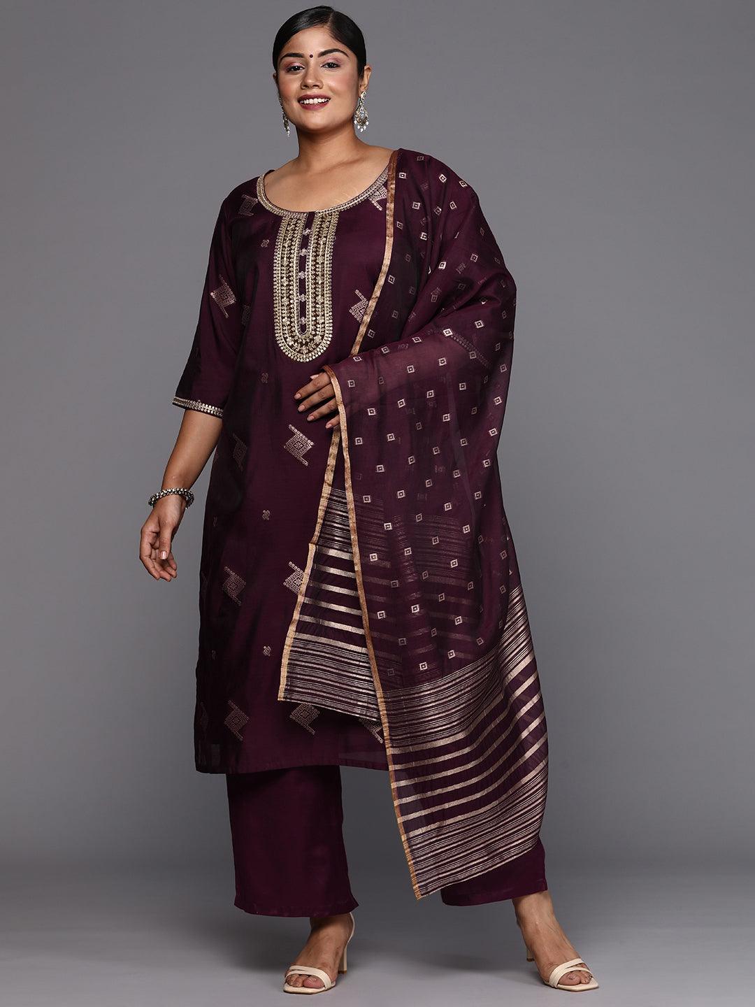 Wine Woven Design Chanderi Silk Straight Kurta With Trousers & Dupatta - Libas 