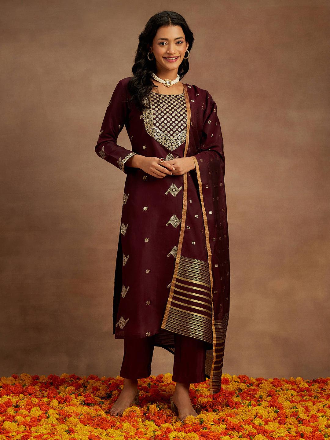 Wine Woven Design Chanderi Silk Straight Kurta With Trousers & Dupatta - Libas