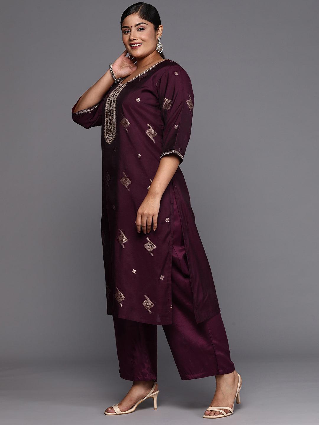 Wine Woven Design Chanderi Silk Straight Kurta With Trousers & Dupatta - Libas 