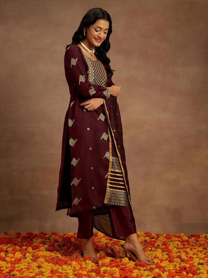 Wine Woven Design Chanderi Silk Straight Kurta With Trousers & Dupatta - Libas