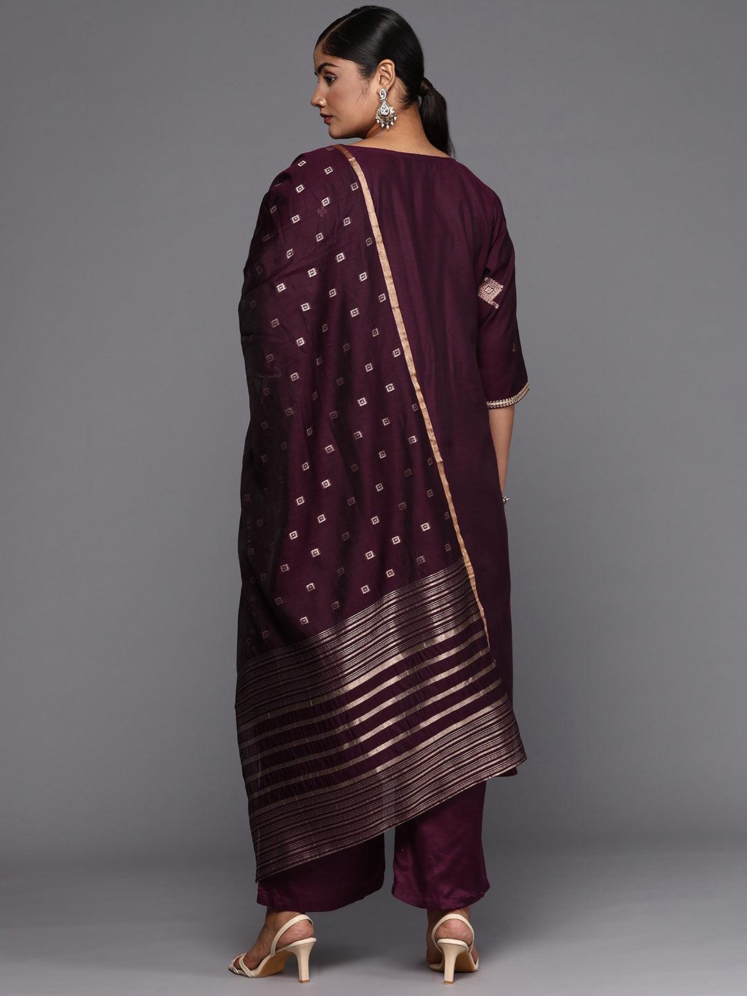 Wine Woven Design Chanderi Silk Straight Kurta With Trousers & Dupatta - Libas