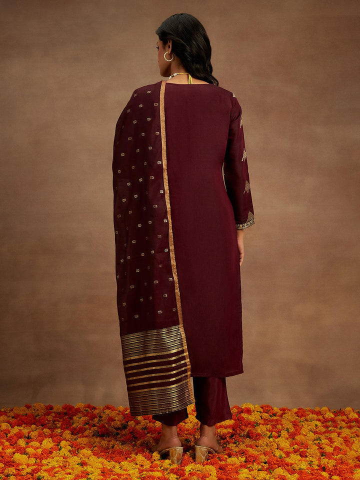 Wine Woven Design Chanderi Silk Straight Kurta With Trousers & Dupatta - Libas