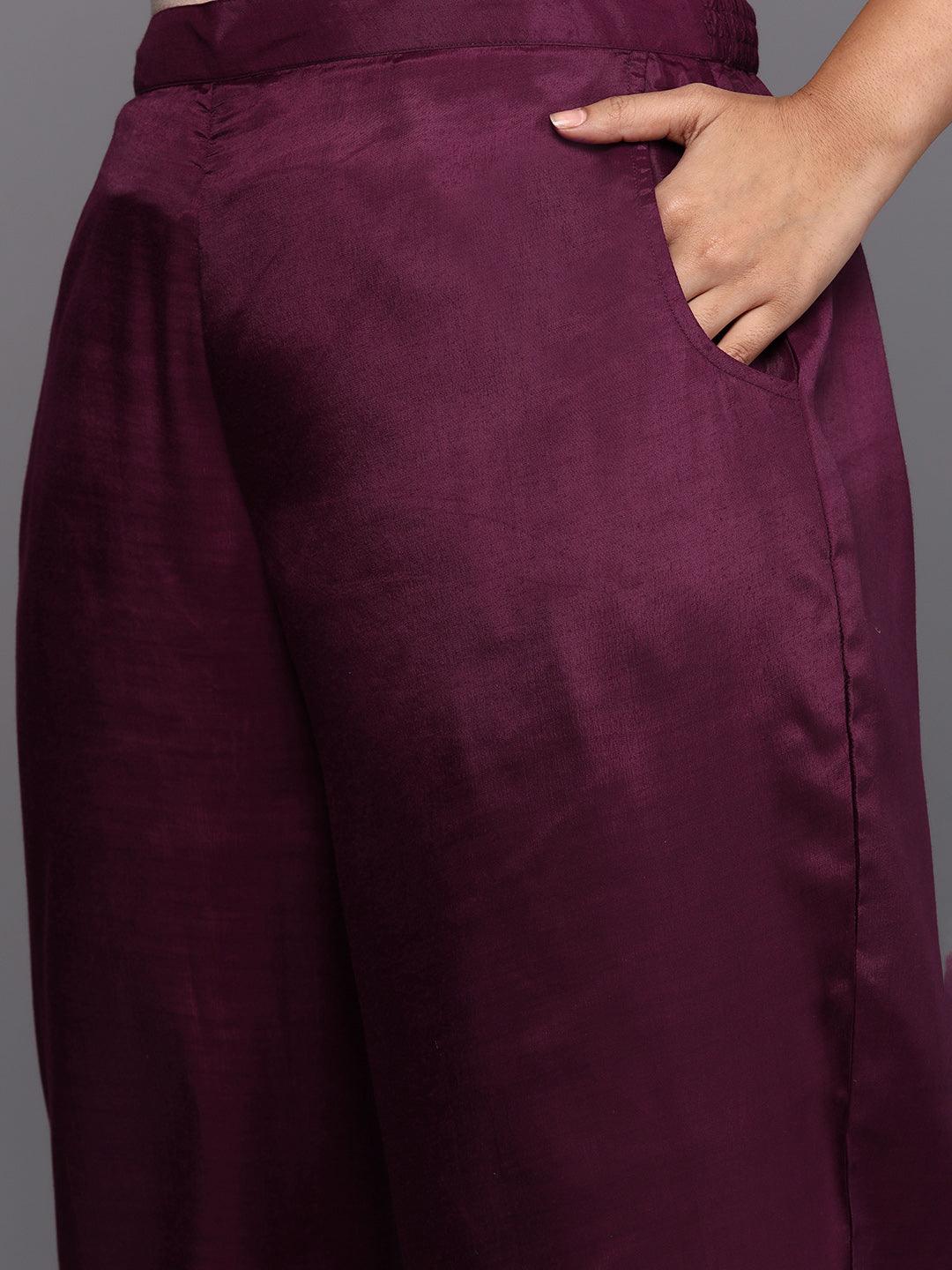 Wine Woven Design Chanderi Silk Straight Kurta With Trousers & Dupatta - Libas 