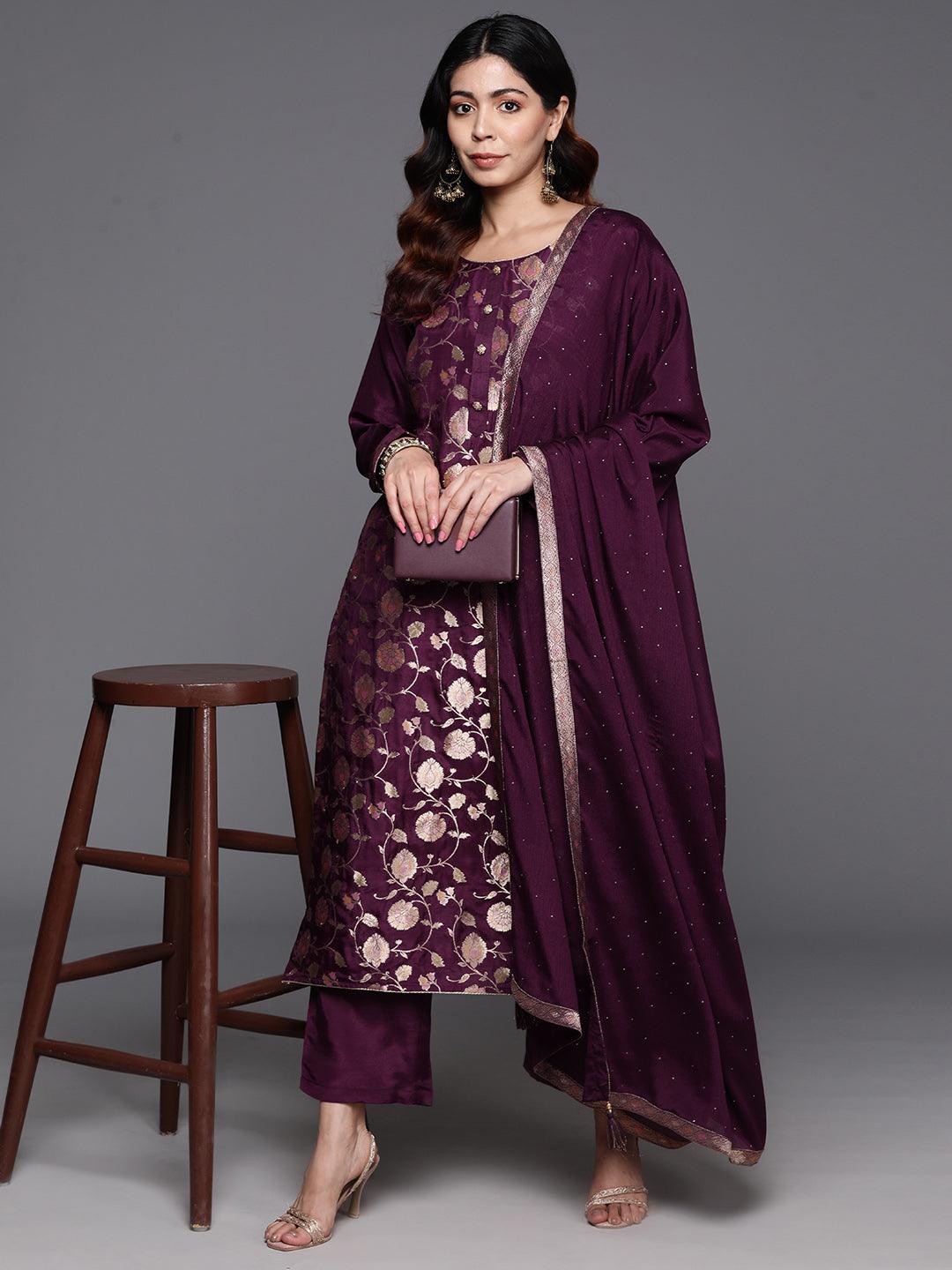 Wine Woven Design Silk Blend Straight Kurta With Trousers & Dupatta - Libas