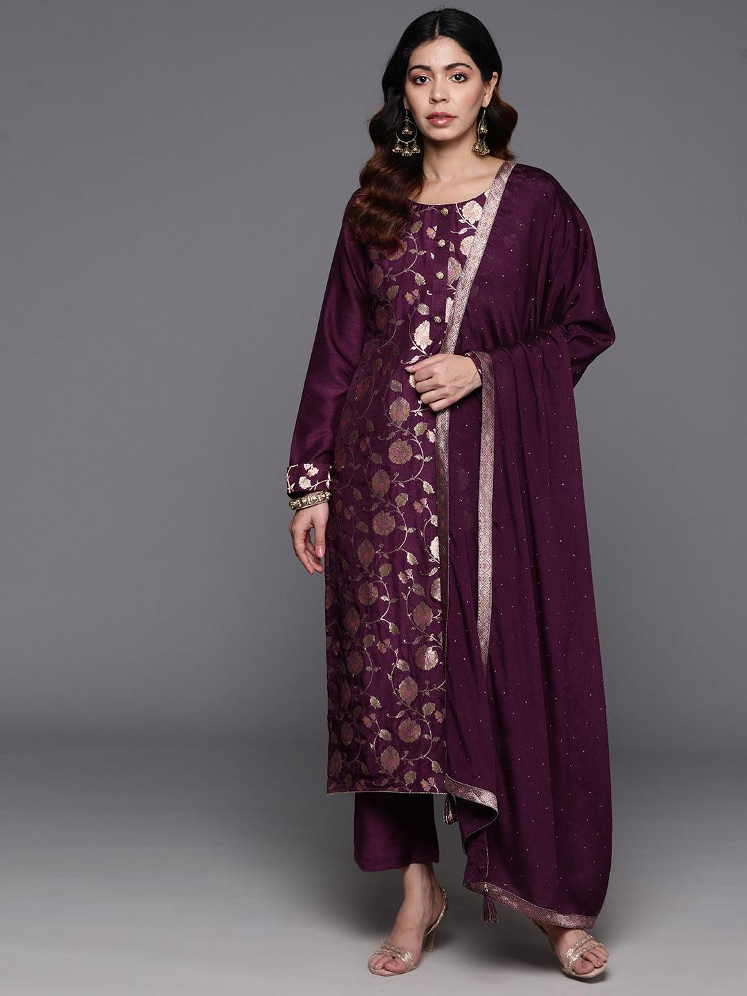 Wine Woven Design Silk Blend Straight Kurta With Trousers & Dupatta - Libas