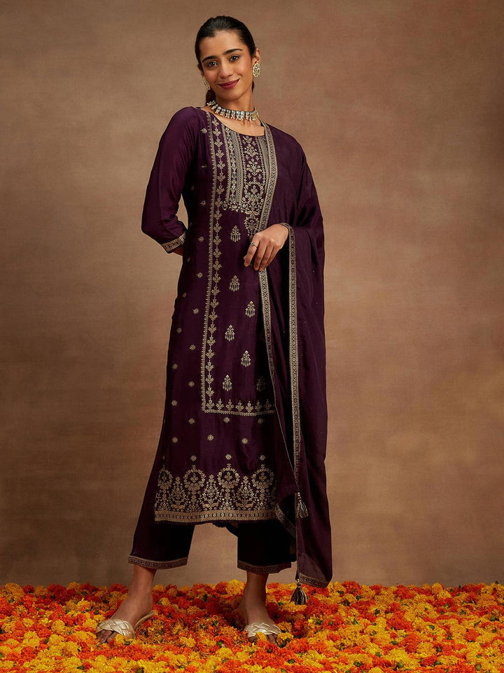 Wine Woven Design Silk Blend Straight Kurta With Trousers & Dupatta - Libas