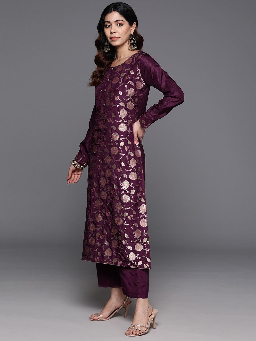 Wine Woven Design Silk Blend Straight Kurta With Trousers & Dupatta - Libas