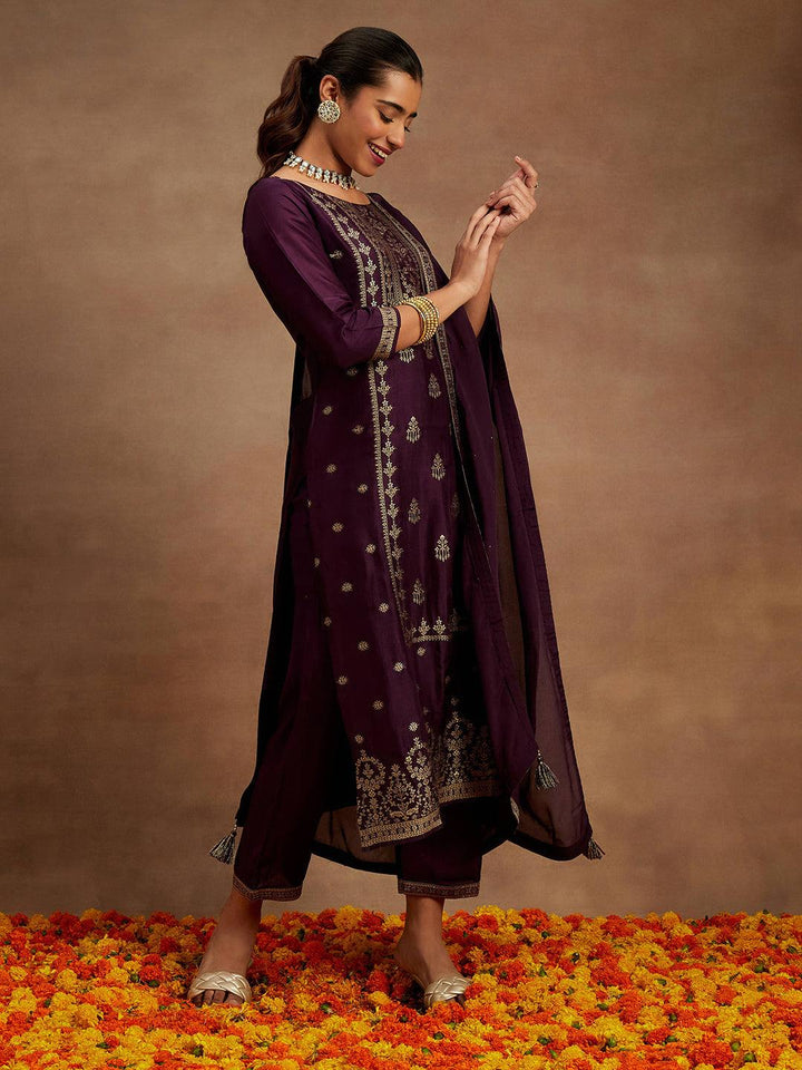 Wine Woven Design Silk Blend Straight Kurta With Trousers & Dupatta - Libas