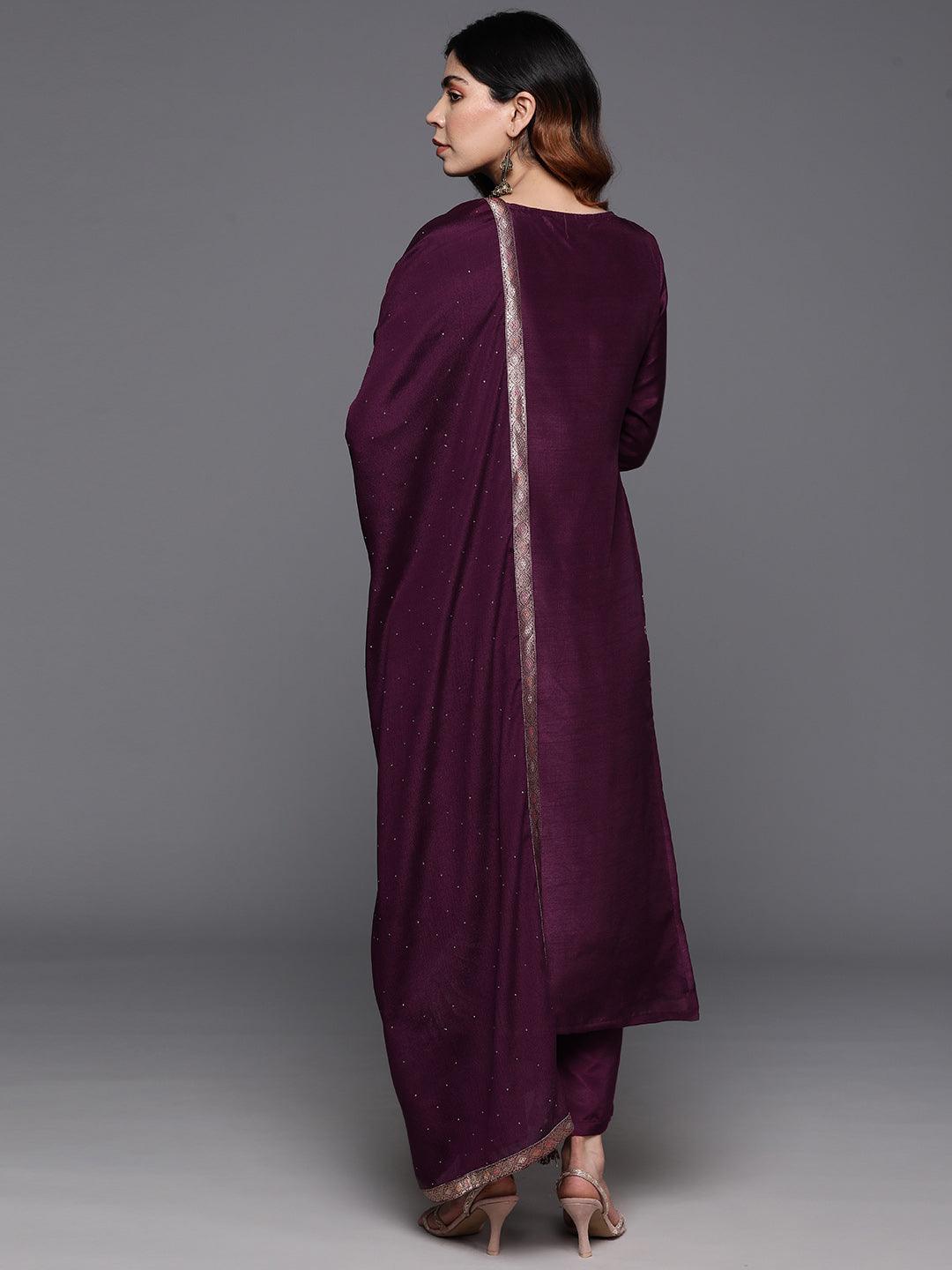 Wine Woven Design Silk Blend Straight Kurta With Trousers & Dupatta - Libas