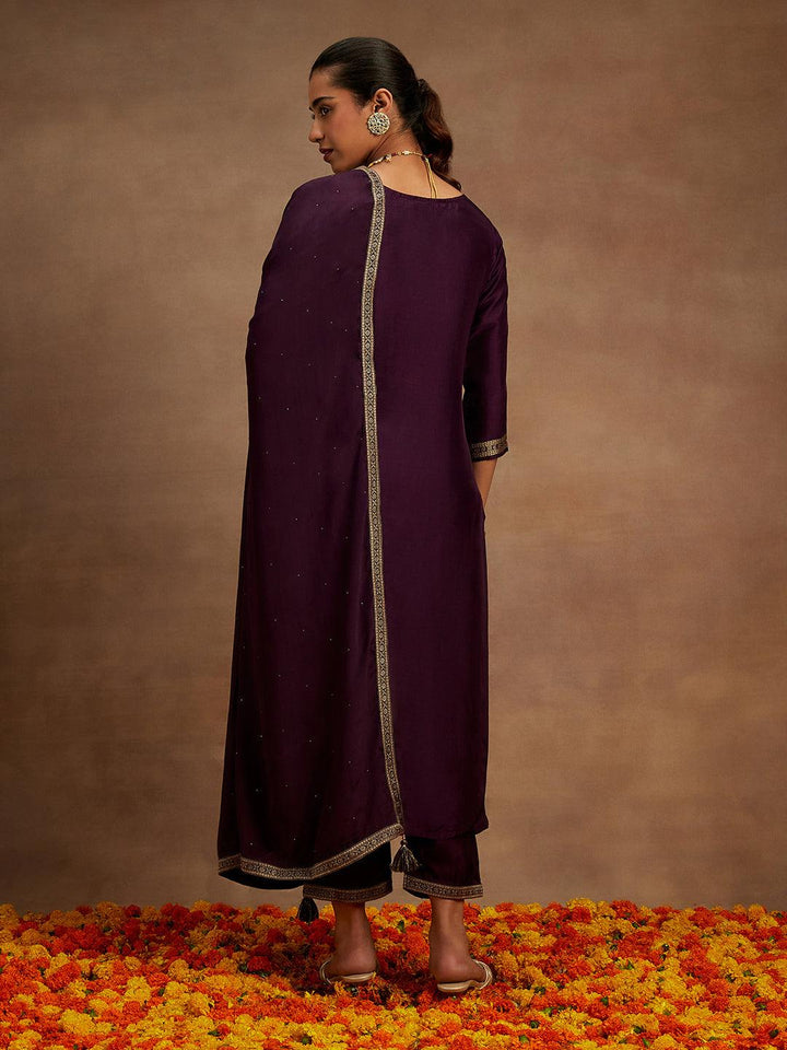 Wine Woven Design Silk Blend Straight Kurta With Trousers & Dupatta - Libas