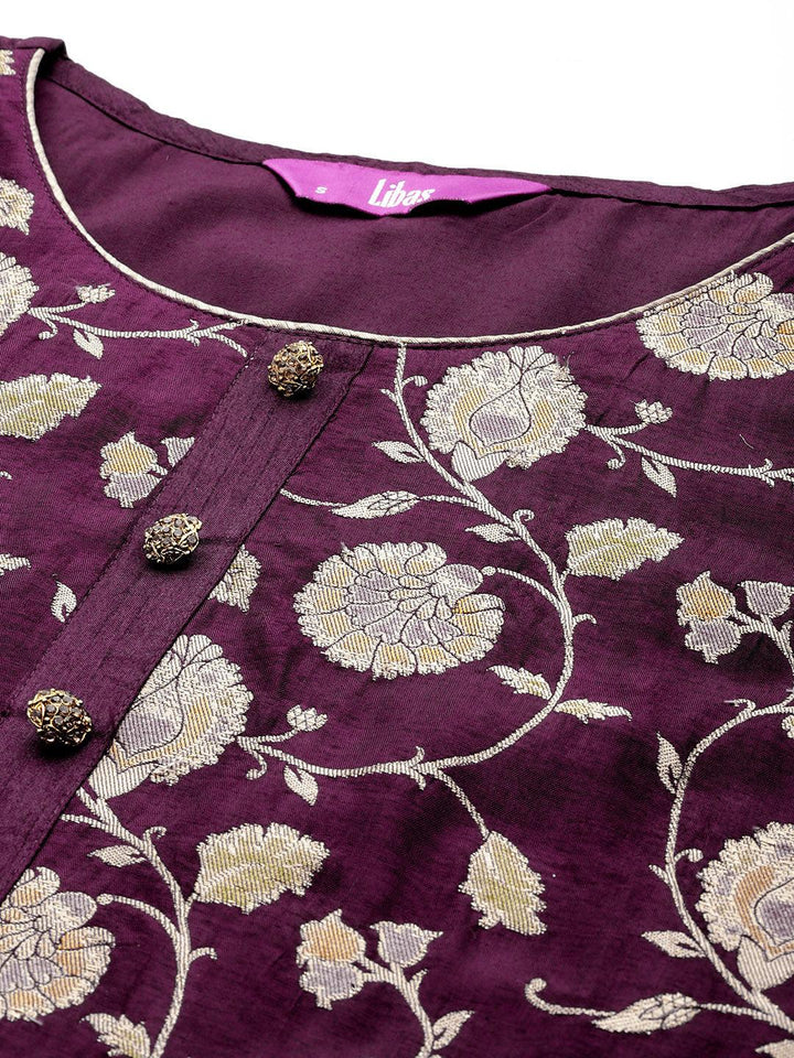 Wine Woven Design Silk Blend Straight Kurta With Trousers & Dupatta - Libas