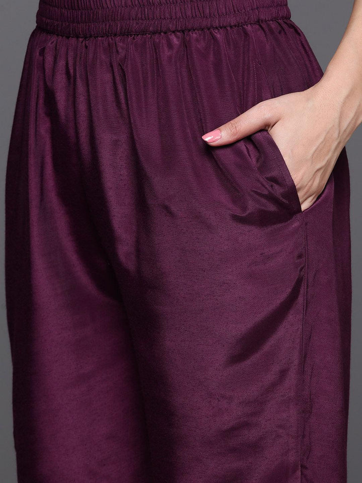 Wine Woven Design Silk Blend Straight Kurta With Trousers & Dupatta - Libas