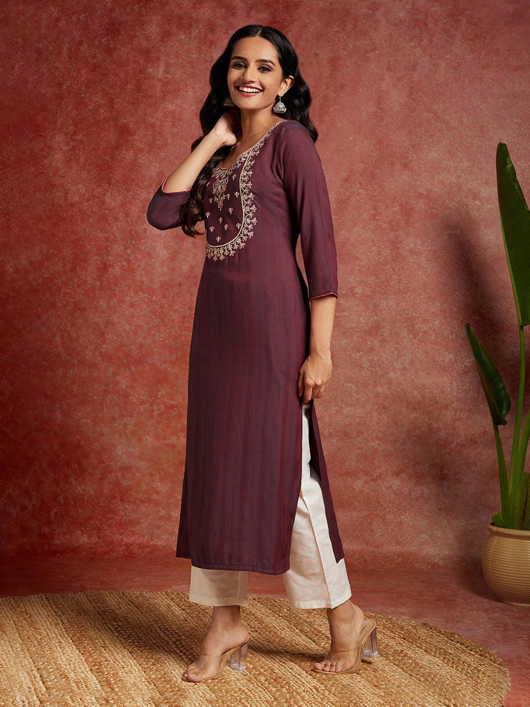 Wine Yoke Design Rayon Straight Kurta - Libas