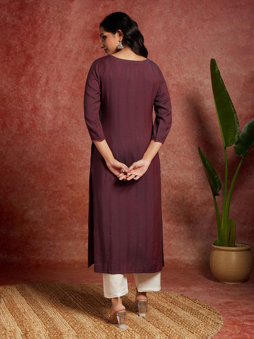 Wine Yoke Design Rayon Straight Kurta - Libas