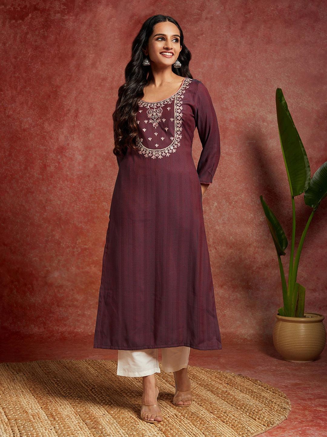 Wine Yoke Design Rayon Straight Kurta - Libas