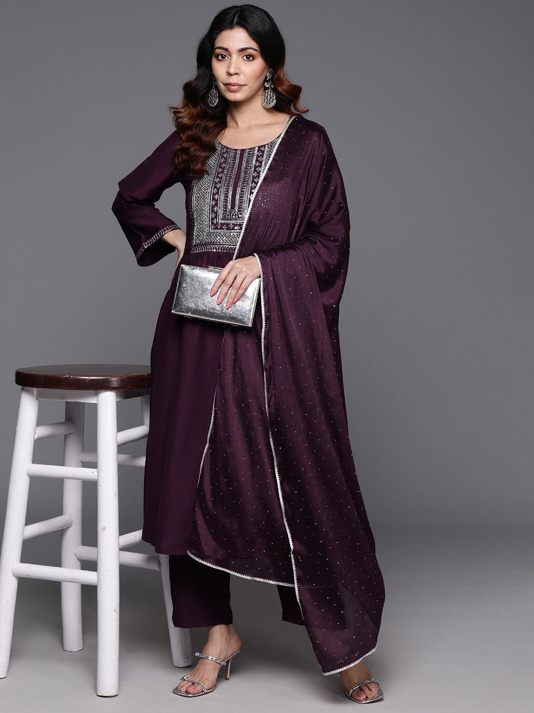 Wine Yoke Design Silk Blend A-Line Kurta With Trousers & Dupatta - Libas