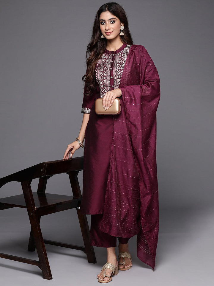 Wine Yoke Design Silk Blend Straight Kurta With Trousers & Dupatta - Libas