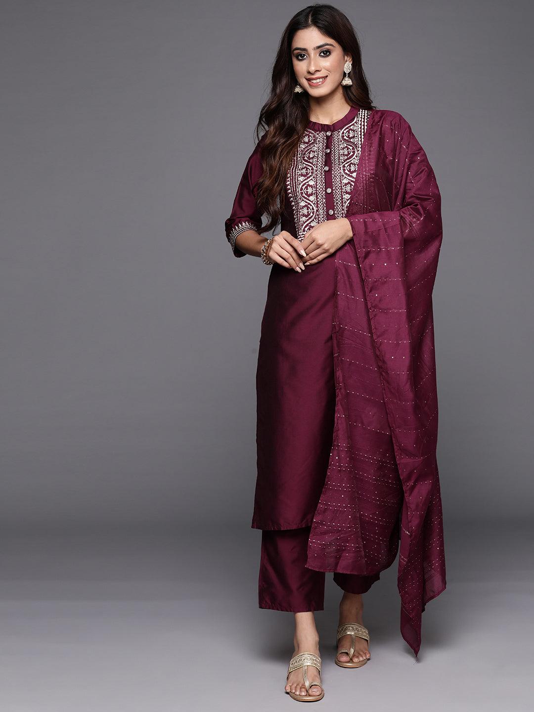 Wine Yoke Design Silk Blend Straight Kurta With Trousers & Dupatta - Libas 