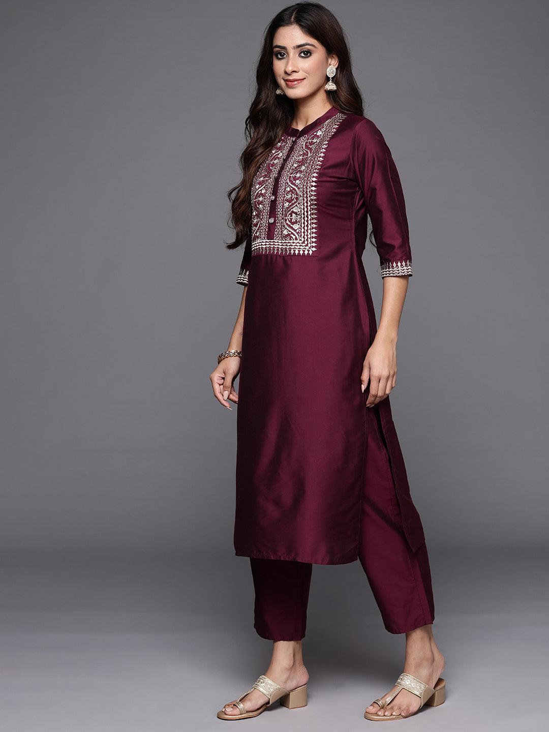 Wine Yoke Design Silk Blend Straight Kurta With Trousers & Dupatta - Libas 