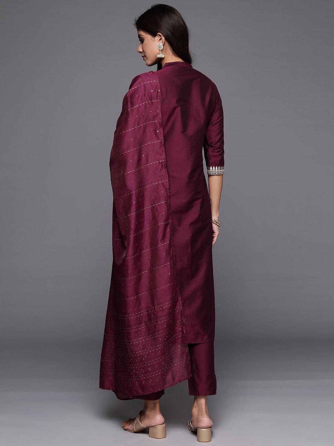 Wine Yoke Design Silk Blend Straight Kurta With Trousers & Dupatta - Libas